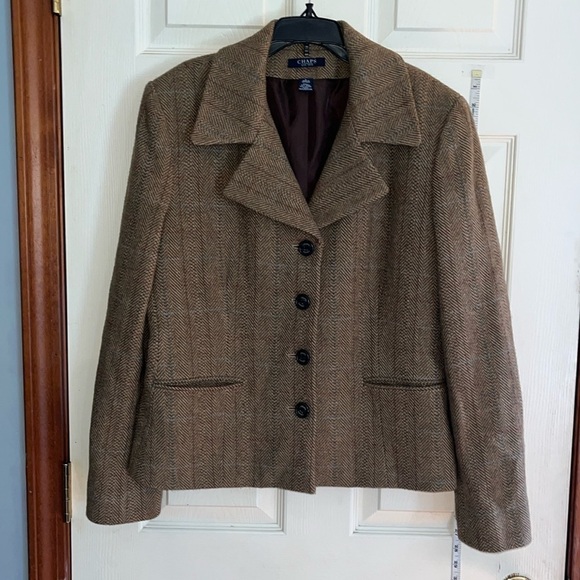 VTG-chaps-L-brown-houndstooth-wool blend, shoulder pads, 4 button blazer/jacket. - Picture 1 of 13